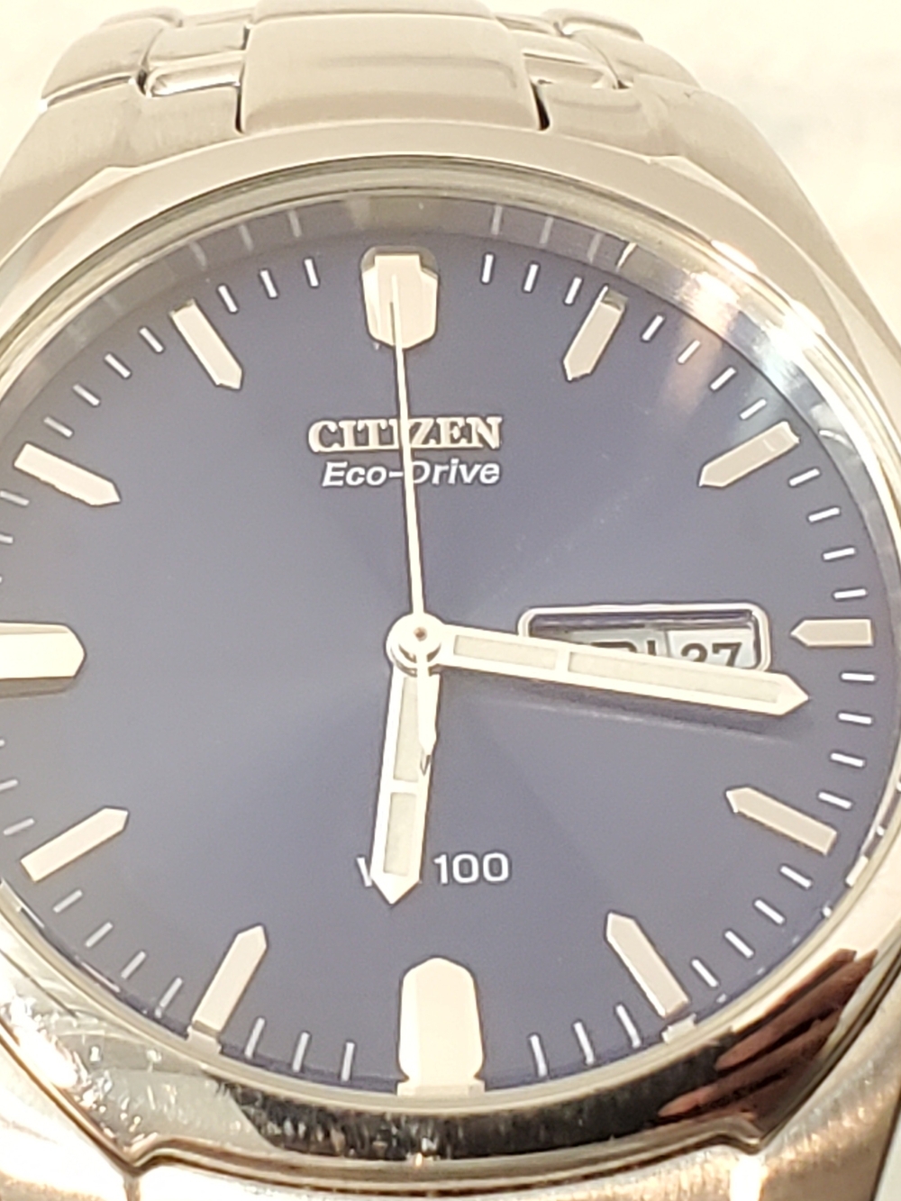 Citizen Eco Drive Men's Stainless Steel Sunray Blue Dial Day Date Watch WR100